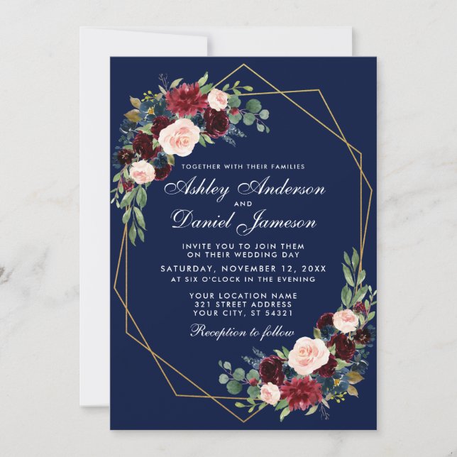 Wedding Floral Blue Burgundy Geometric Gold Frame Invitation (Front)
