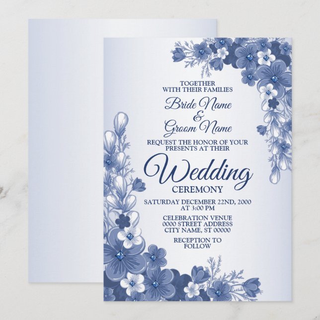 Wedding Floral Blue Grey White Rustic Invitation (Front/Back)