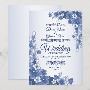 Wedding Floral Blue Grey White Rustic Invitation