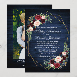 Wedding Floral Blue Wood Geometric Gold Photo Back Invitation