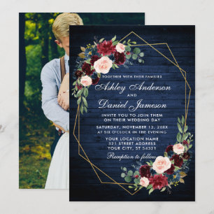 Wedding Floral Blue Wood Photo Back Gold Geometric Invitation