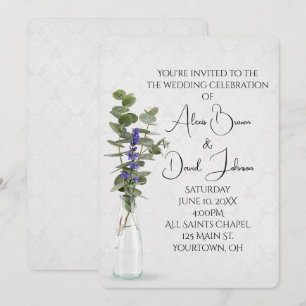 Wedding Floral Bouquet On Damask Invitation
