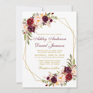 Wedding Floral Burgundy Geometric Gold Frame Invitation