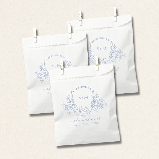 Wedding Floral Crest Monogram Dusty Blue Favour Bags (Creator Uploaded)