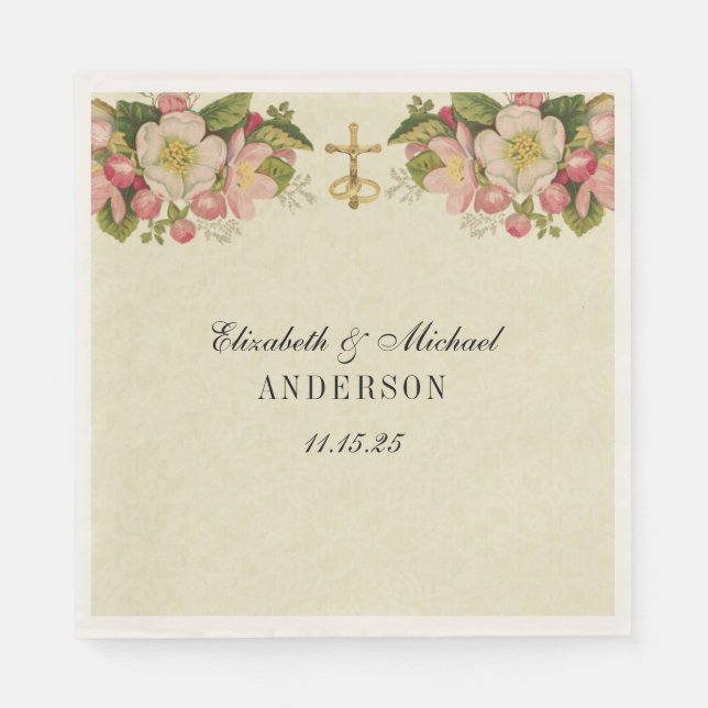 Wedding Floral Crucifix Vintage Cherry Blossoms Napkin (Front)