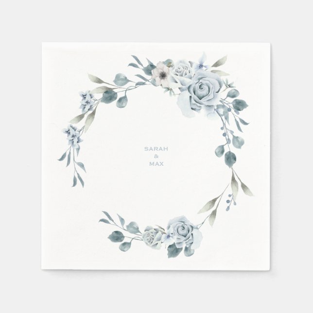 Wedding Floral Dusty Blue Couple Names Napkins (Front)