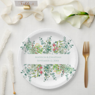 Wedding Floral Elegant Greenery Watercolor Names  Paper Plate