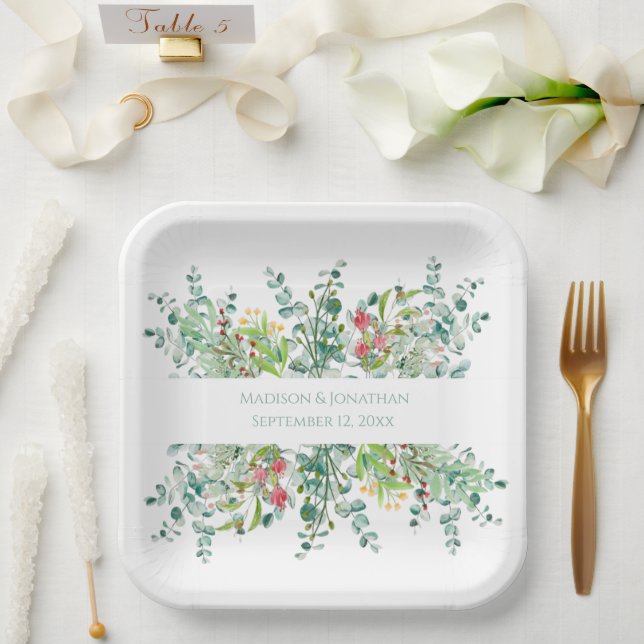Wedding Floral Elegant Greenery Watercolor Names Paper Plate (Wedding)