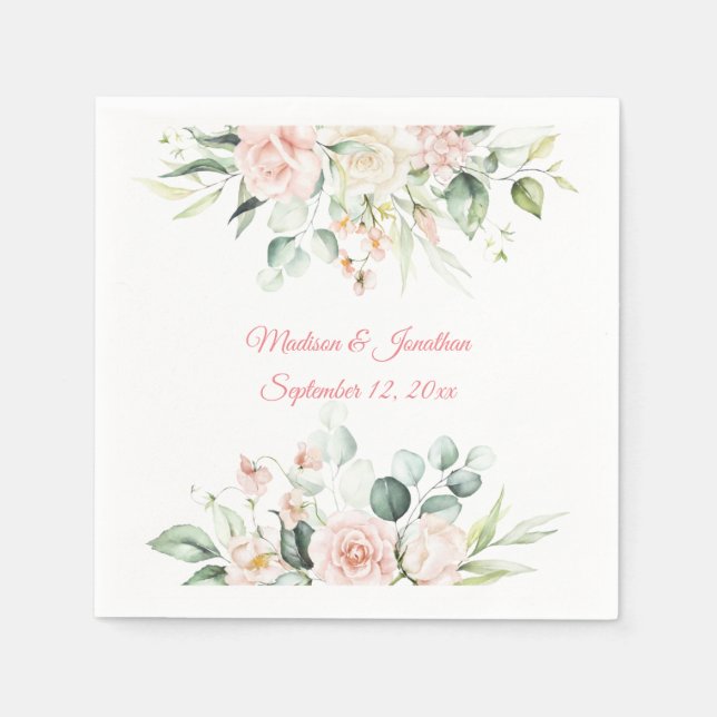 Wedding Floral Elegant Pink Chic Date Script Name  Napkin (Front)