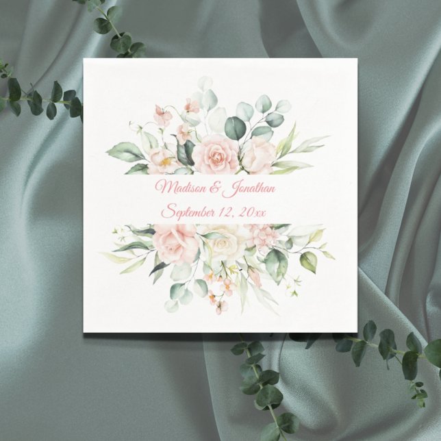 Wedding Floral Elegant Pink Chic Date Script Name Napkin (Creator Uploaded)