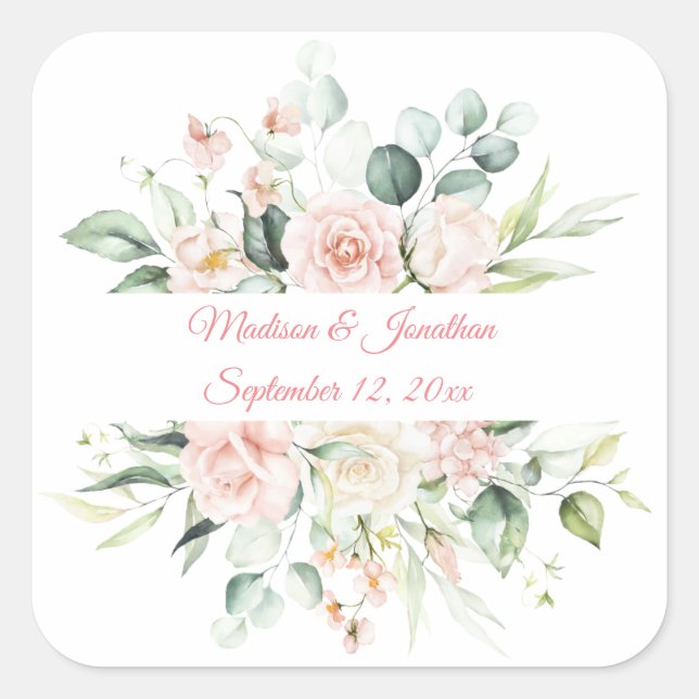 Wedding Floral Elegant Pink Chic Date Script Name  Square Sticker (Front)