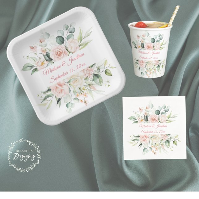 Wedding Floral Elegant Pink Chic Date Script Paper Plate (Creator Uploaded)