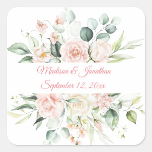 Wedding Floral Elegant Pink Chic Date Script  Square Sticker