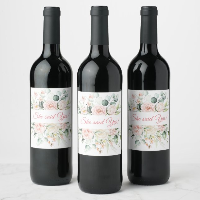 Wedding Floral Elegant Pink Chic She said Yes Wine Label (Bottles)