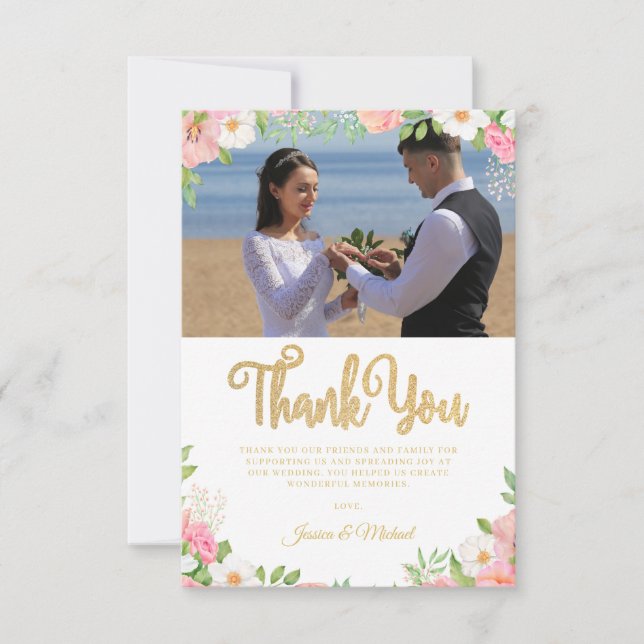 Wedding Floral Elegant Rose Tulip Pink Photo Thank You Card (Front)