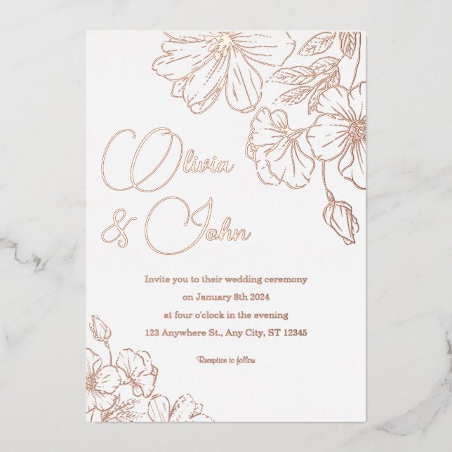 Wedding Floral Foil Invitation Rose Gold, Silver (Front)