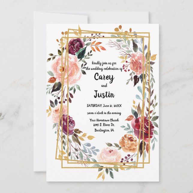 Wedding Floral Gold Geometric Frame Card (Front)