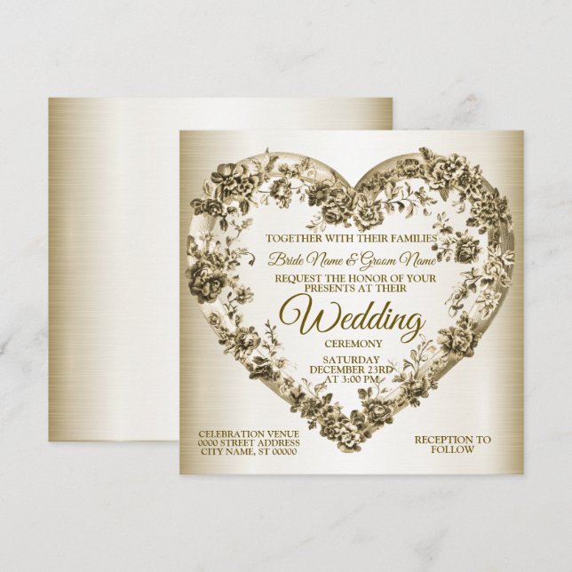 Wedding Floral Golden Ornate Heart Frame Elegant  Invitation (Front/Back)