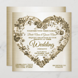 Wedding Floral Golden Ornate Heart Frame Elegant Invitation