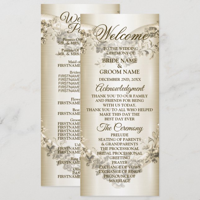 Wedding Floral Golden Ornate Heart Frame Elegant Programme (Front/Back)