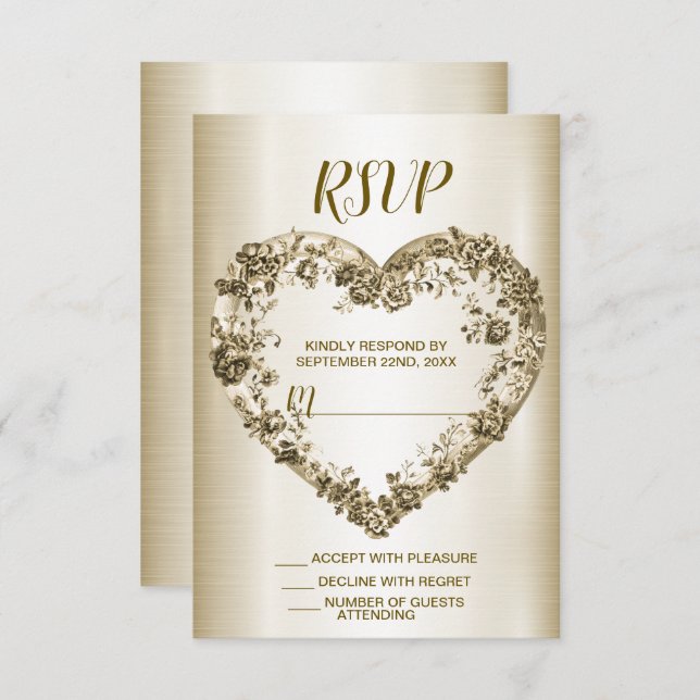 Wedding Floral Golden Ornate Heart Frame Elegant RSVP Card (Front/Back)