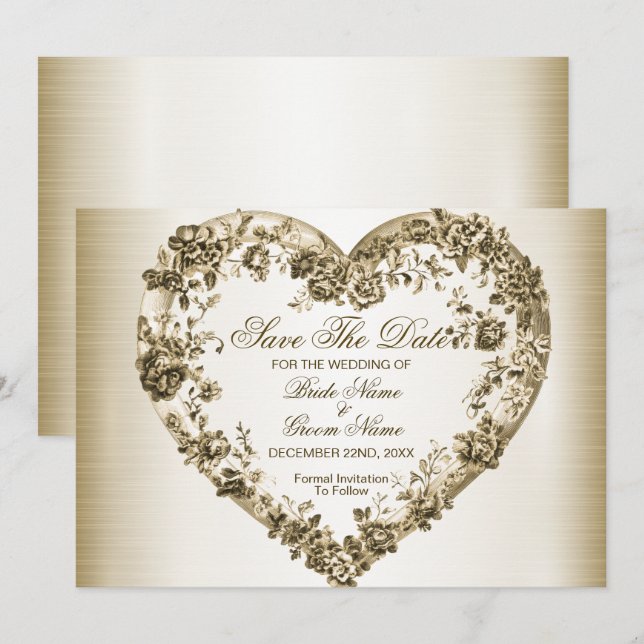 Wedding Floral Golden Ornate Heart Frame Elegant Save The Date (Front/Back)