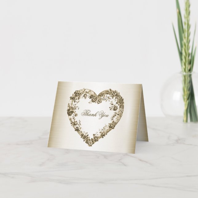 Wedding Floral Golden Ornate Heart Frame Elegant Thank You Card (Front)