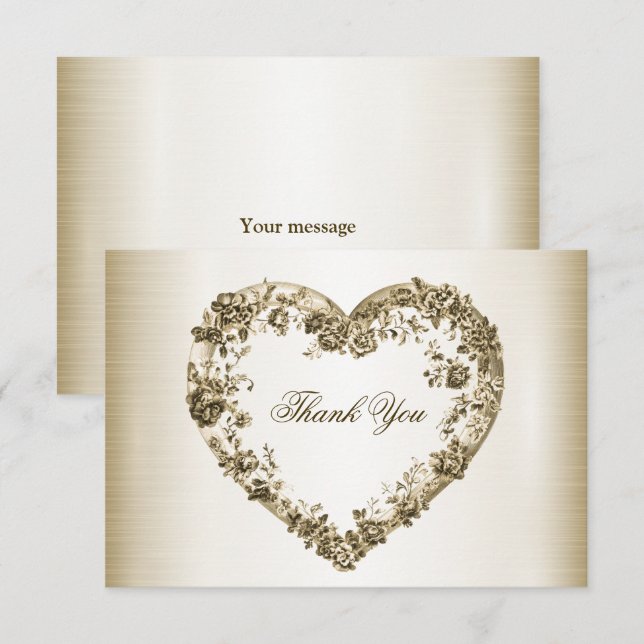 Wedding Floral Golden Ornate Heart Frame Elegant Thank You Card (Front/Back)