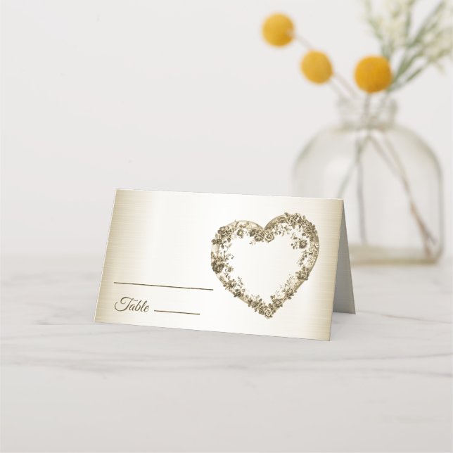 Wedding Floral Golden Ornate Heart Frame Party Place Card (Front)