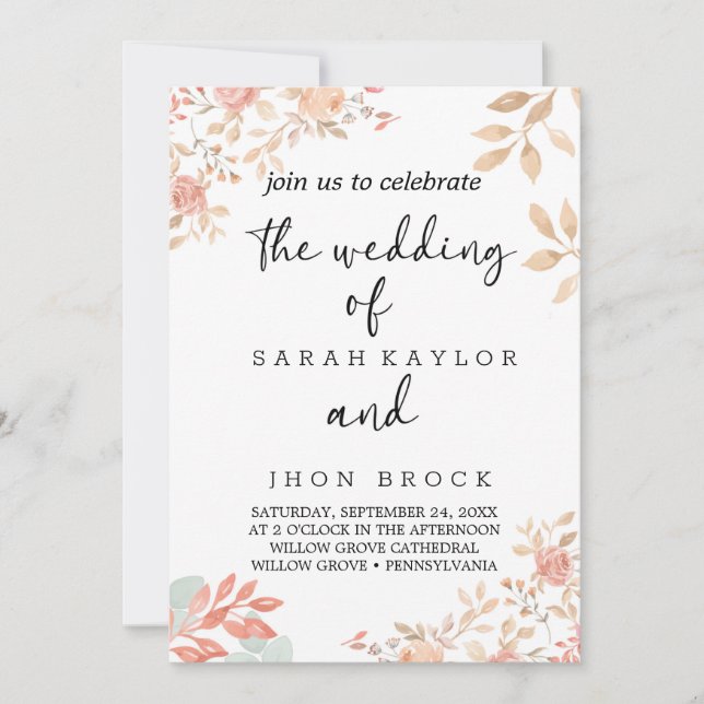 Wedding floral invitation with black calligraphy (Front)