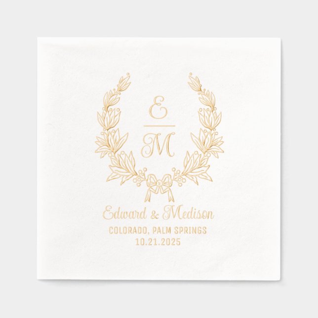 Wedding Floral Laurel Wreath Initials Foil Napkins (Front)