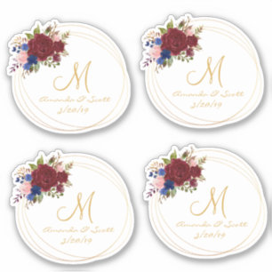 Wedding Floral Monogram Burgundy Navy Gold Frame