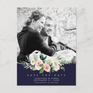 wedding floral navy save the date photo postcard