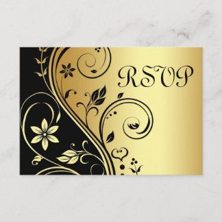 Wedding Floral Rsvp Black Gold Invitation