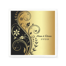 Wedding Floral Scroll Black Gold Napkin