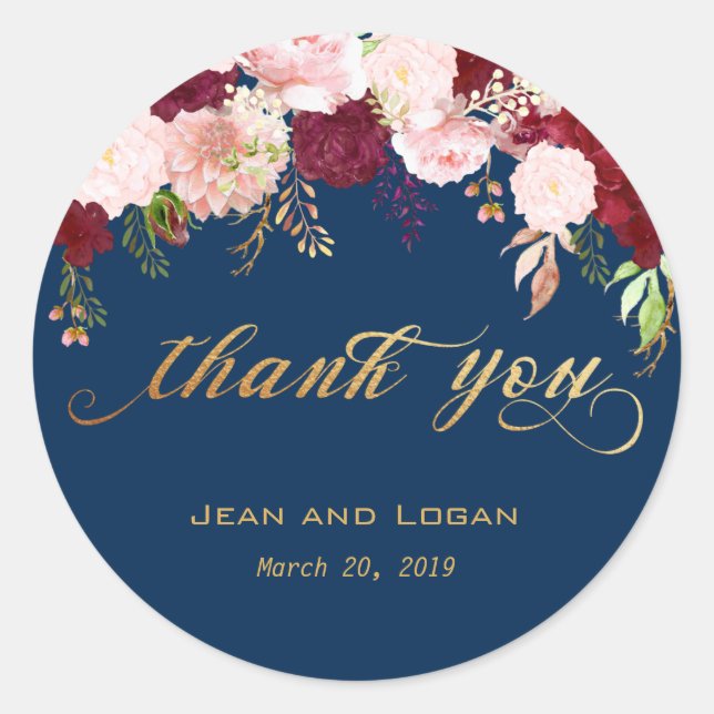 Wedding Floral Thank You Gold Navy Burgundy Classic Round Sticker (Front)