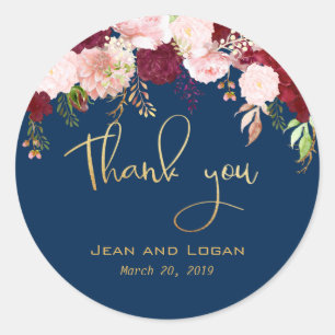 Wedding Floral Thank You Gold Navy Burgundy Classic Round Sticker