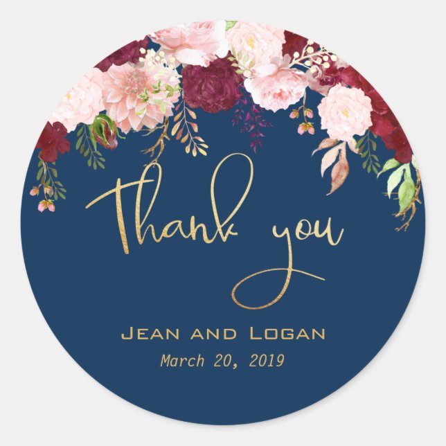Wedding Floral Thank You Gold Navy Burgundy Classic Round Sticker (Front)