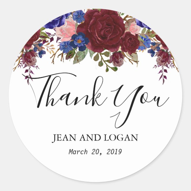 Wedding Floral Thank You Navy Burgundy Classic Round Sticker (Front)