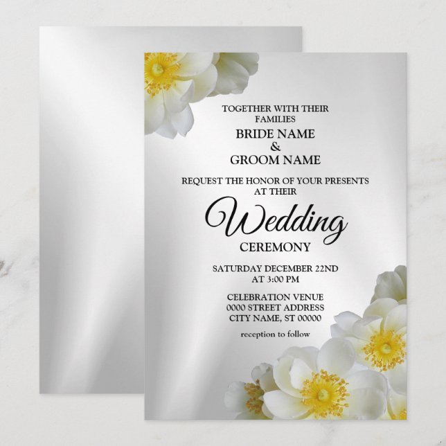 Wedding Floral White Yellow Silver Elegant Rustic Invitation (Front/Back)