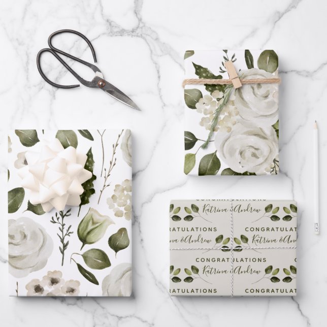 Wedding Floral Wrapping Paper Flat Sheet Set of 3 (Front)