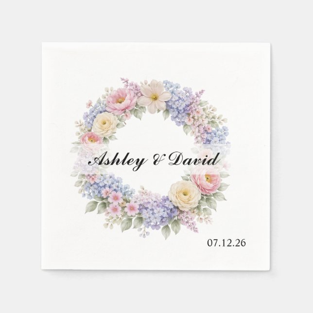 Wedding Floral Wreath Paper Napkins (Front)