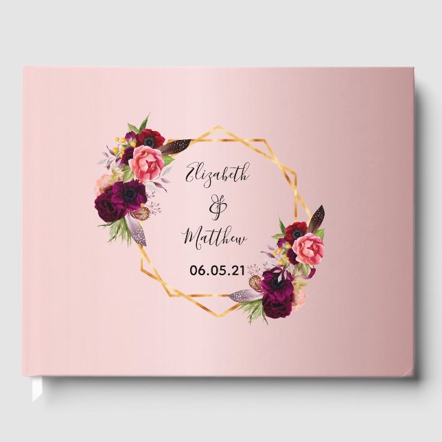 Wedding florals burgundy blush pink gold geometric guest book (Front)