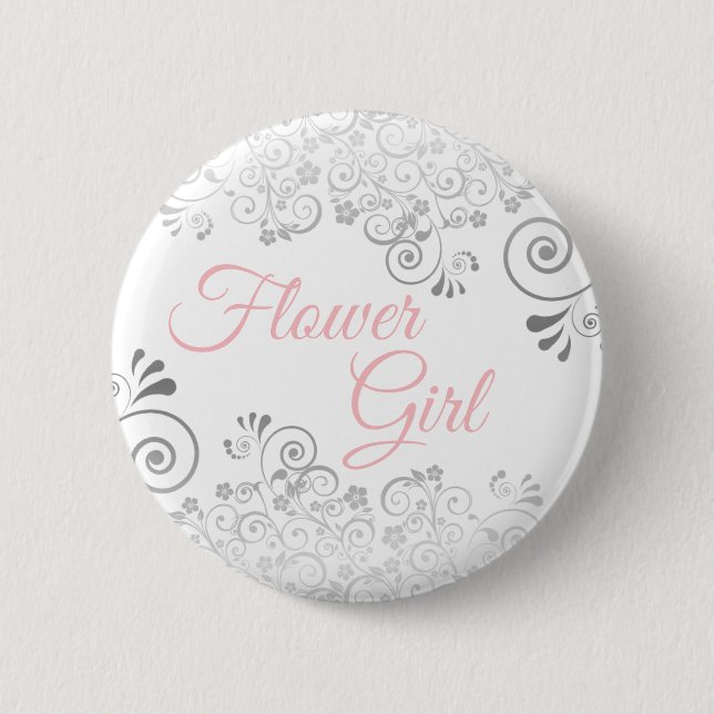 Wedding Flower Girl Button Pink & Grey (Front)
