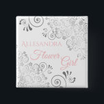 Wedding Flower Girl Name Tag Pink & Grey 15 Cm Square Badge<br><div class="desc">Identify the key players at your bridal shower, wedding or rehearsal dinner with our elegant, Pink & Grey buttons. Designed to coordinate with our Pink & Grey Elegant Wedding Suite, this button features a Silver faux foil flourish on a white background with pink text reading Flower Girl and a place...</div>