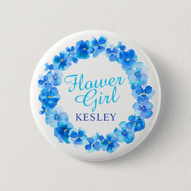 Wedding flower girl pansy blue flower custom name 6 cm round badge (Front)