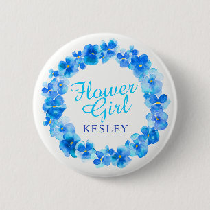 Wedding flower girl pansy blue flower custom name 6 cm round badge