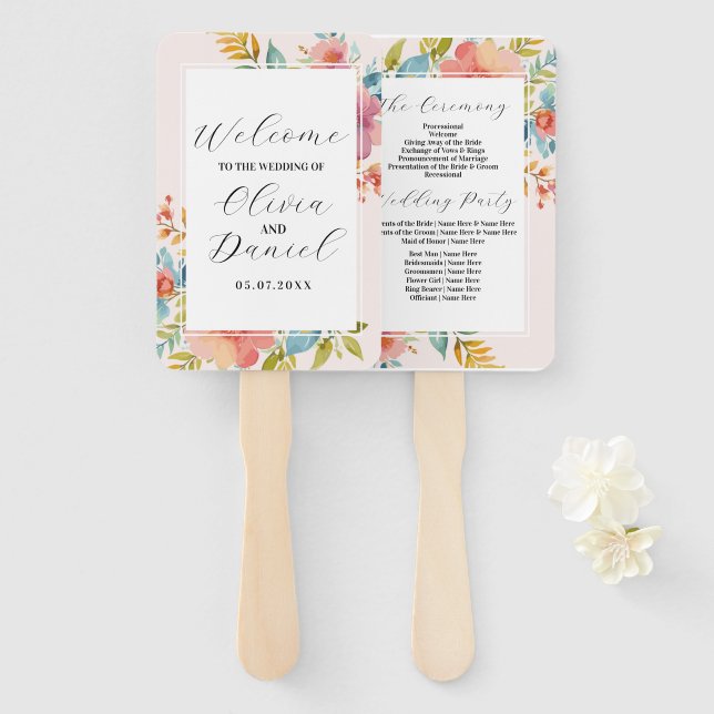 Wedding Flower Hand Fan Modern Florals Programme (Front and Back)