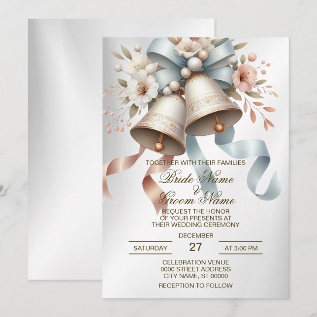 Wedding Flowers Bells Pink Blue Ribbons Beautiful Invitation (Front/Back)