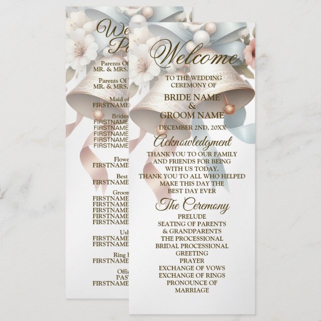 Wedding Flowers Bells Pink Blue Ribbons Beautiful Programme (Front/Back)
